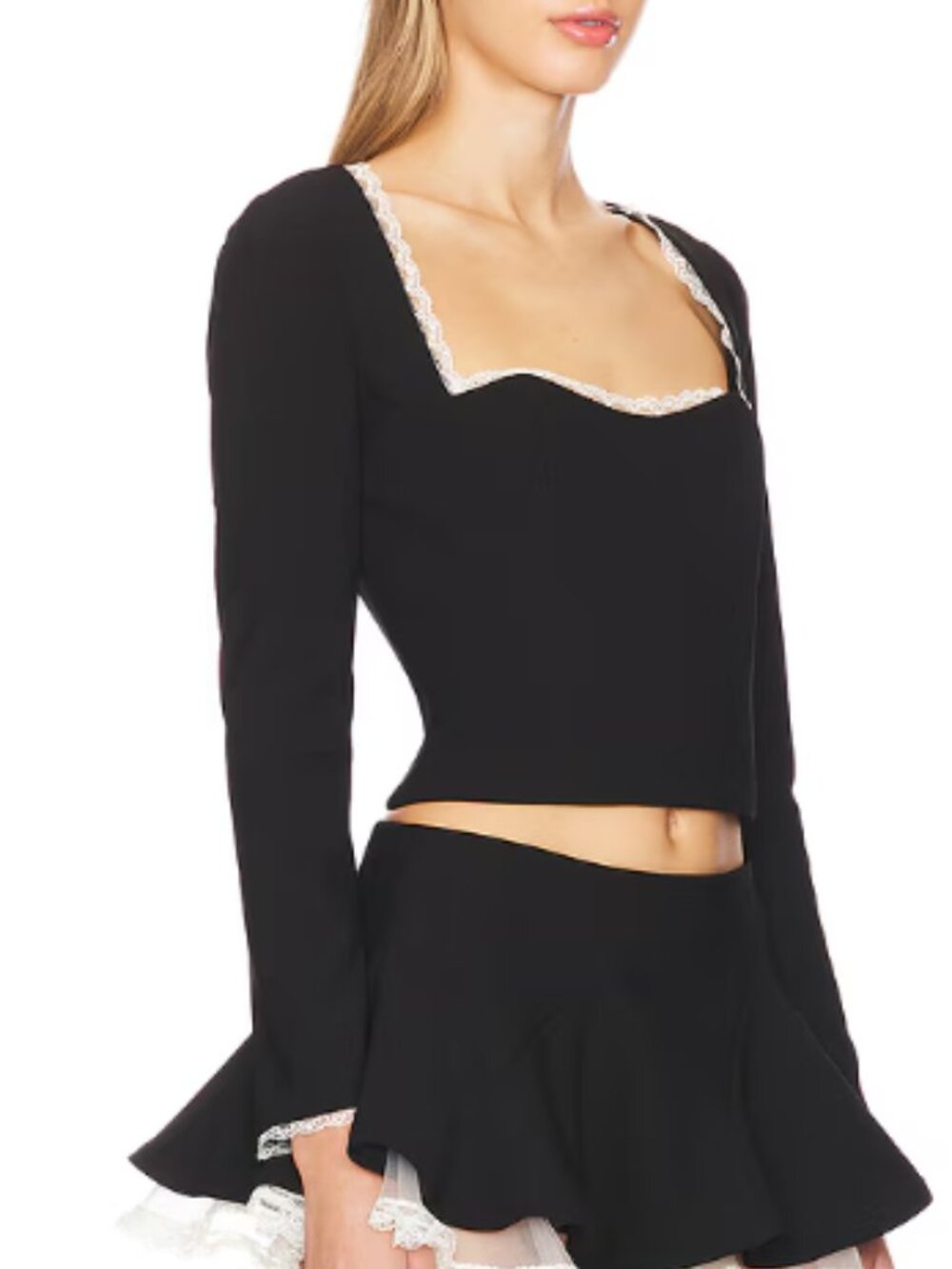 REVOLVE Black Cropped Long-Sleeve Top with White Lace Trim